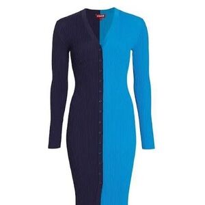 STAUD Navy and Bright Blue Ribbed Button-Front Long Sleeve Dress